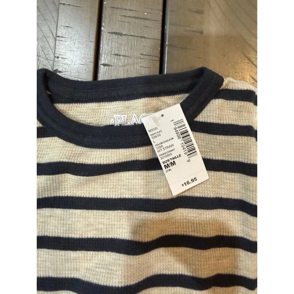 Children's Place Boys Striped Thermal Long Sleeve‎ Shirt Oatmeal Navy M 7/8 NWT
